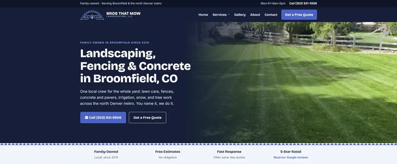 Homepage of the Bros That Mow website, showing the hero headline Landscaping, Fencing & Concrete in Broomfield, CO.