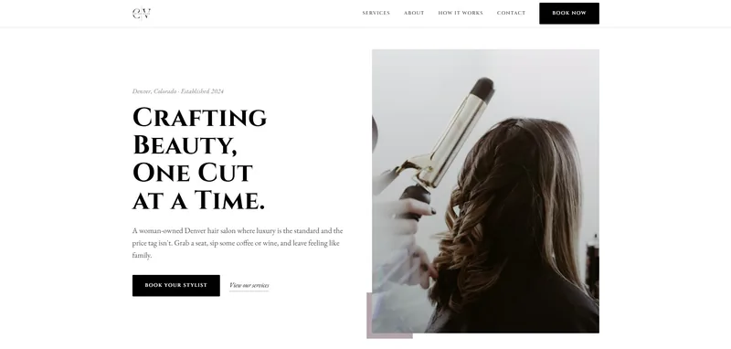 Homepage of the COR&bull;VAN Salon website, showing the hero headline Crafting Beauty, One Cut at a Time.