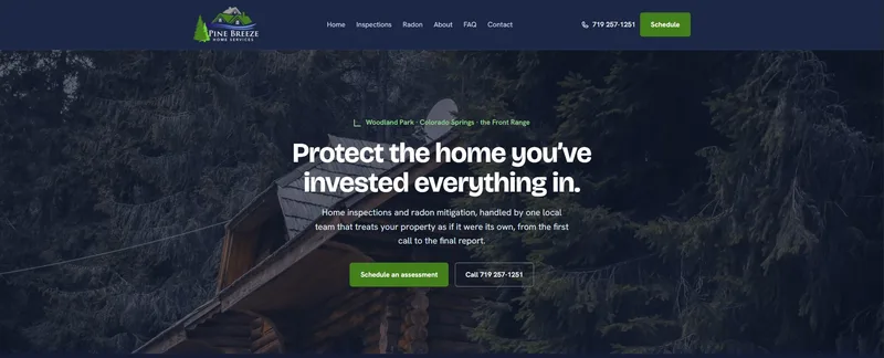 Homepage of the Pine Breeze Home Services website, showing the hero headline Protect the home you've invested everything in.